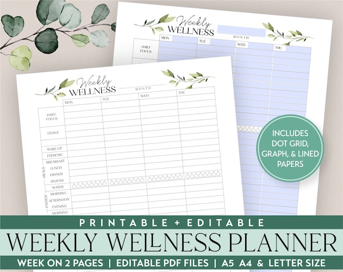 Weekly Wellness Editable Tracker Printable Planner Insert Editable PDF in sizes A5 A4 & Letter