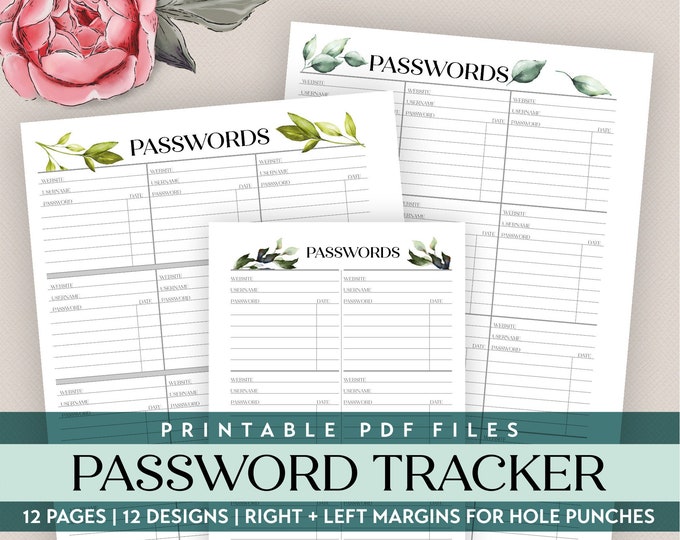 Printable Password Tracker Bundle includes 12 Botanical Designs in sizes A5 A4 & Letter |Password Log | Password List