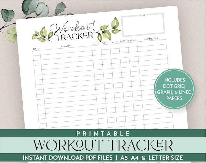 Workout Tracker Printable Insert includes in sizes A5 A4 & Letter