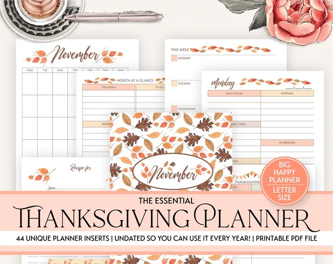 Thanksgiving Planner Printable Inserts | Letter Size | Holiday Planner | November Calendar | Bucket List | Party Planner Bundle