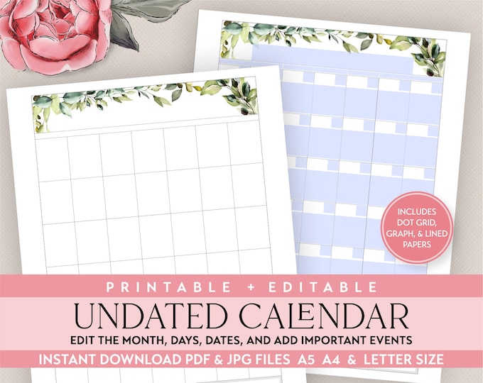 Editable Undated Monthly Calendar Printable Planner Insert in sizes A4 A5 Letter Size