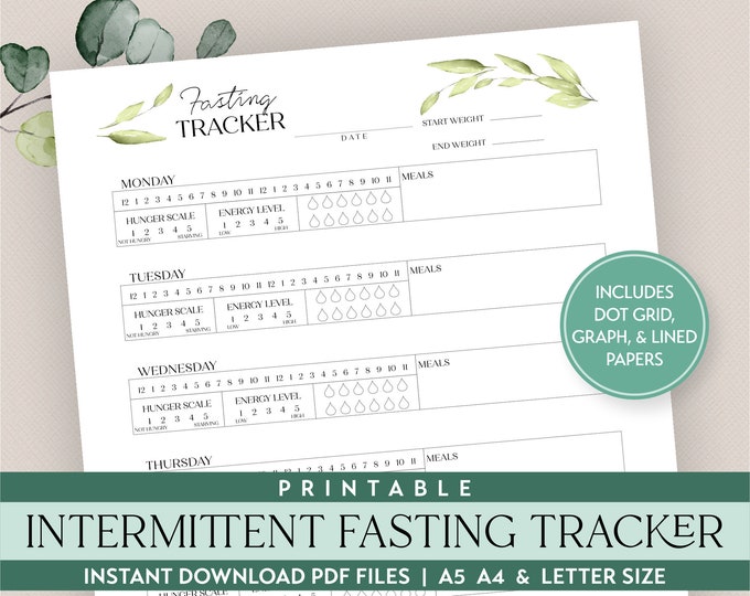 Intermittent Fasting Tracker Printable Planner Insert includes in sizes A5 A4 & Letter