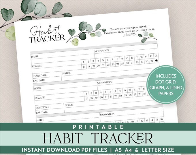 Printable Daily Habit Tracker Planner Insert in sizes A5 A4 & Letter