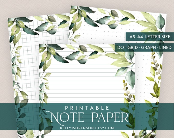 Printable Botanical Note Paper Lined, Graph, & Dot Grid in sizes A5 A4 and Letter