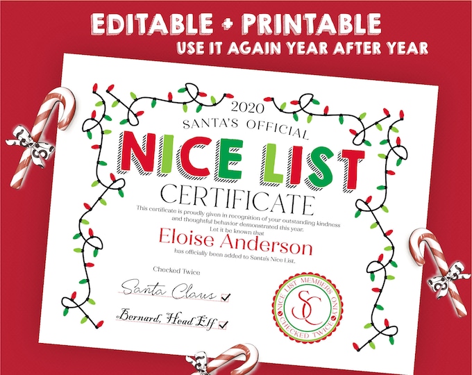 Printable Nice List Certificate From Santa Claus Editable PDF | Also includes a JPG to handwrite your own certificate