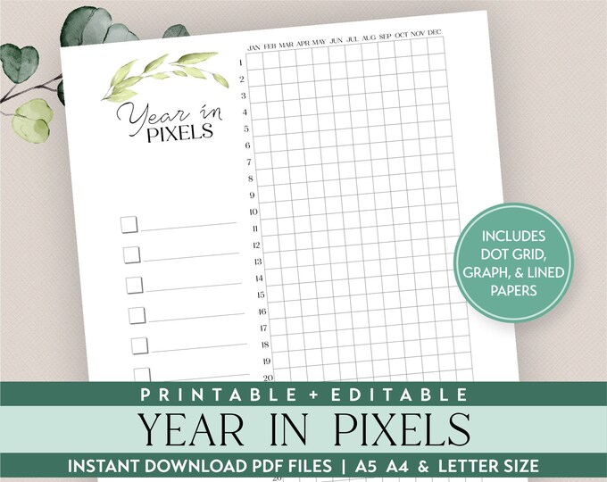 Printable Year in Pixels Habit Tracker in sizes A5 A4 & Letter - Now Editable - Mood or Habit Tracker