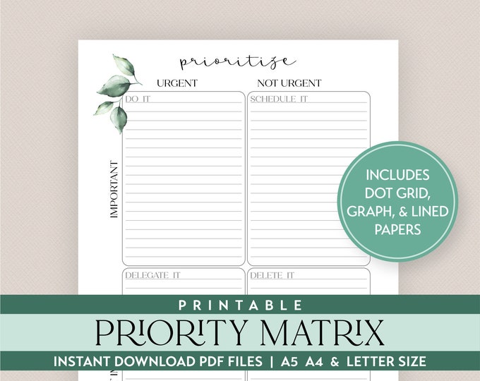 Task Priority Matrix | Eisenhower Decision Matrix | Productivity Planner Inserts in A5 A4 & Letter Size