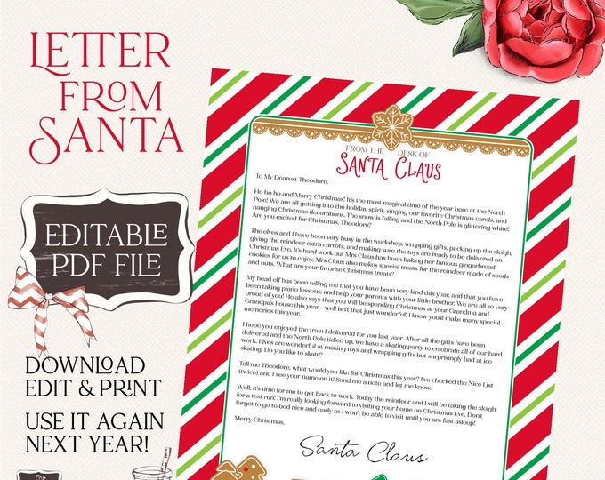 Editable Letter From Santa Claus PDF Printable on Santa's Letterhead decorated with gingerbread trim and a train