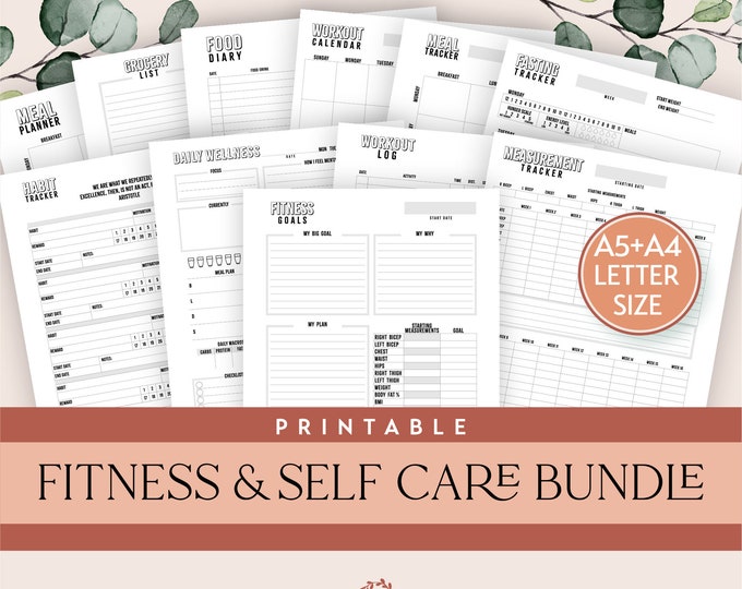 Self Care Fitness Wellness Goal Planner Bundle Printable Inserts Including a Habit Tracker and a Meal Planner in sizes A5 A4 & Letter