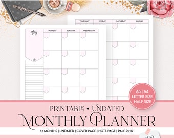 Undated Printable Monthly Planner Insert in Pink | A5 A4 Letter Size Half Size  | Sunday and Monday Start | MO2P