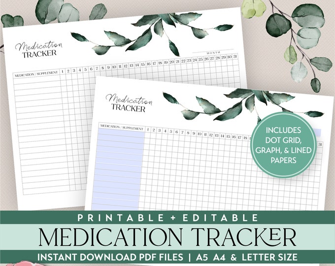 Monthly Medication Tracker | Supplement Log Editable Printable Planner Insert Editable PDF in sizes A5 A4 & Letter