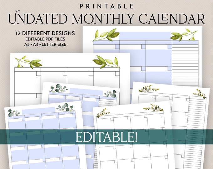 Editable Undated Monthly Calendar with 12 Botanical Designs Printable Planner Insert in sizes A4 A5 Letter Size