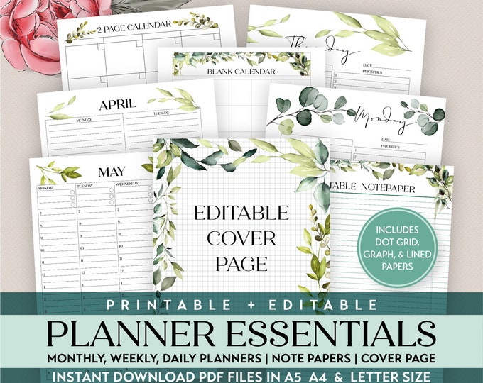 Monthly Weekly & Daily Planner Insert Printable Bundle | Editable PDF Files in A5 A4  Letter Size