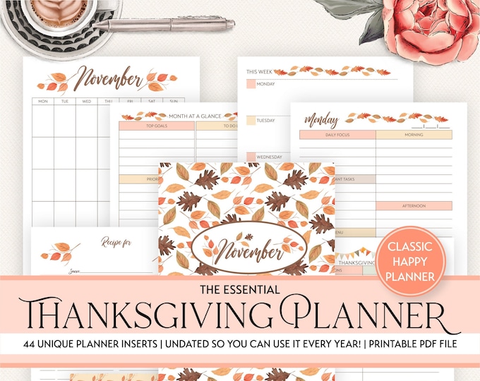 Printable Thanksgiving Planner Inserts | Classic Happy Planner | Holiday Bundle| November Bucket List | Family Traditions | Menu Planner