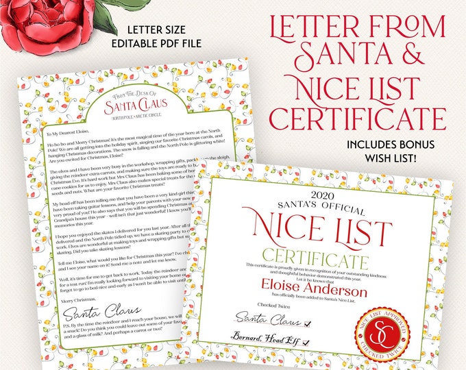 Printable Nice List Certificate and Letter From Santa Claus Editable PDF on Santa's Letterhead with a Certified Nice List Stamp