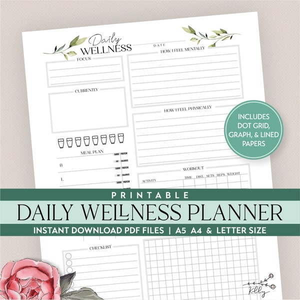 Printable Daily Wellness Self Care Planner Insert includes in sizes A5 A4 & Letter