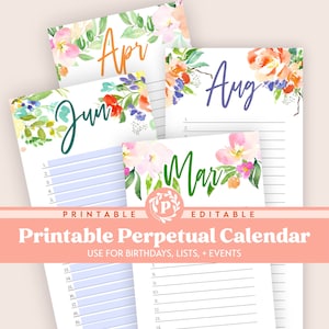 Calendario perpetuo imprimible / Campos de texto editables / Calendario de lista de cumpleaños / Tamaño carta, A5 y A4 / Gratitud diaria / Rastreador de hábitos