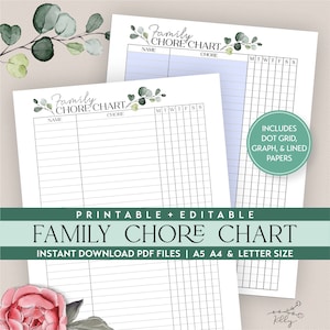 Planejador de cronograma de limpeza familiar imprimível e editável | Gráfico de tarefas domésticas | Rastreador de tarefas semanais | Tamanho Carta A5 A4