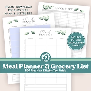 Bearbeitbare Mahlzeit Planer & LebensmittelListe druckbare Bundle in den Größen A5 A4 und Brief