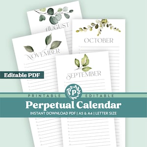 Calendario perpetuo imprimible y editable con motivos botánicos / Calendario con lista de acuarelas / Impresión en tamaño carta, A5 o A4 / Archivos PDF y JPG incluidos