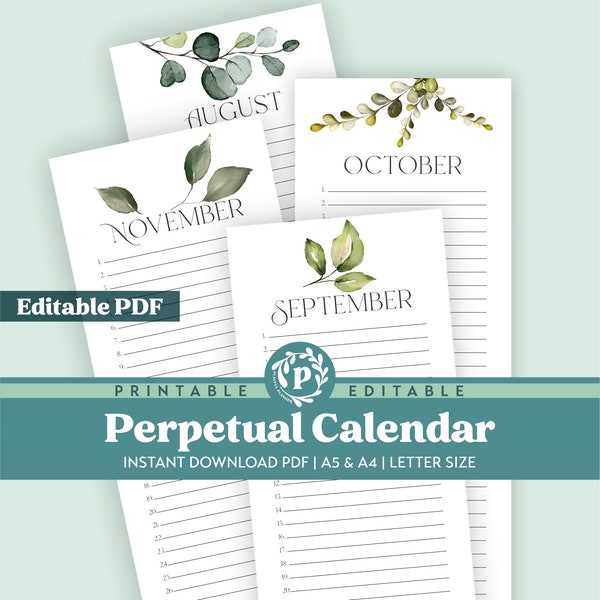Editable Botanical Printable Perpetual Calendar | Watercolor List Calendar | Print on Letter Size, A5, or A4 | PDF and JPG files included