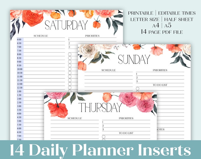 Daily Planner Bundle Printable Editable Timed Hourly Schedule, To Do List, Daily Priorities in A5 A4, Letter Size, Half Sheet