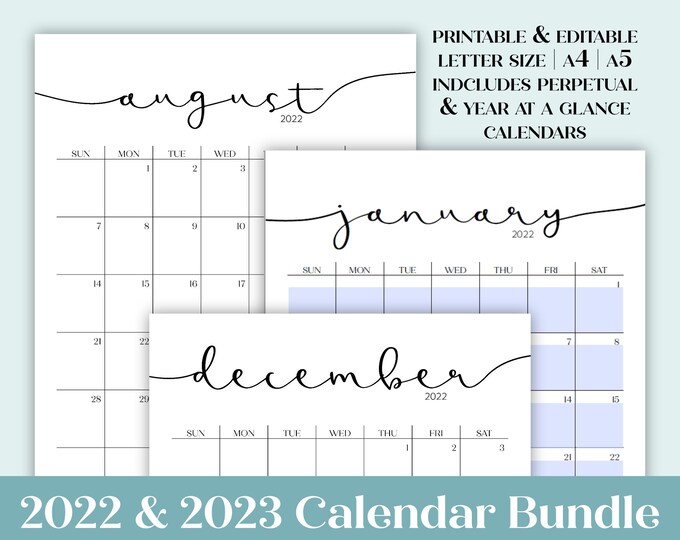 2022 + 2023 Calendars | Printable Editable Portrait Monthly Calendars in A4 A5 Letter Size