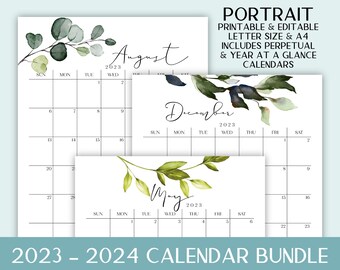 Editable Printable 2023 2024 Calendar Bundle with Perpetual Calendar & Year at a Glance in Sizes A4 and Letter Size Sunday and Monday Start