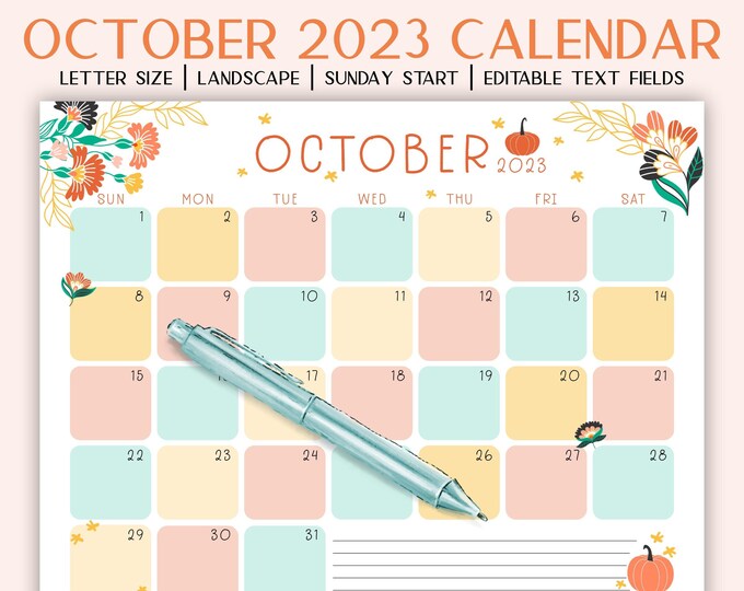 October 2023 Calendar Printable | Dated Calendar | Fall Calendar | Editable PDF | Planner or GoodNotes Insert | Letter Size Landscape