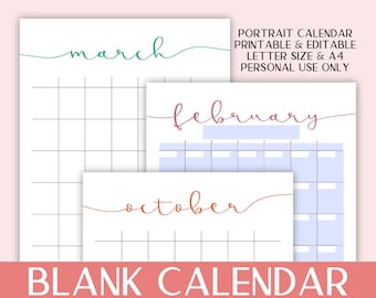 Undated Blank Monthly Calendar, Editable + Printable in sizes A4 + Letter Size | Reuse year after year!