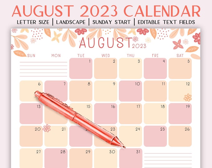 August 2023 Calendar Printable | Dated Calendar | Floral Calendar | Editable PDF | Planner or GoodNotes Insert | Letter Size Landscape