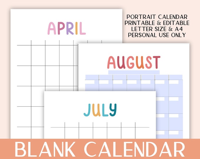 Undated Blank Monthly Calendar, Editable + Printable in sizes A4 + Letter Size | Reuse year after year!