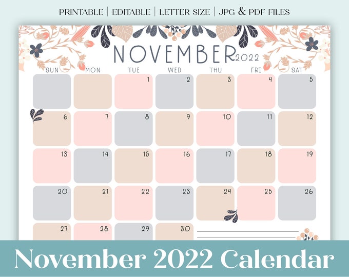 November 2022 Calendar Printable | Dated | Fall Floral Calendar | Editable PDF | Planner or GoodNotes Insert | Letter Size Landscape