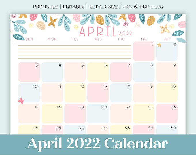 April 2022 Calendar Printable | Dated Calendar | Easter Floral Calendar | Editable PDF | Planner or GoodNotes Insert | Letter Size Landscape