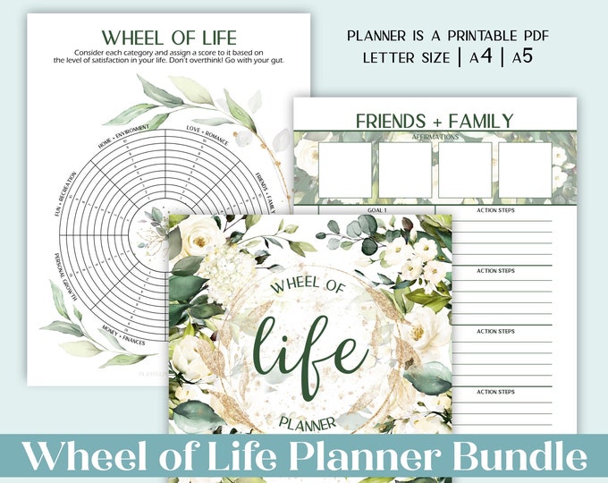 Wheel of Life Printable Planner Self Care Journal in sizes A5 A4 & Letter