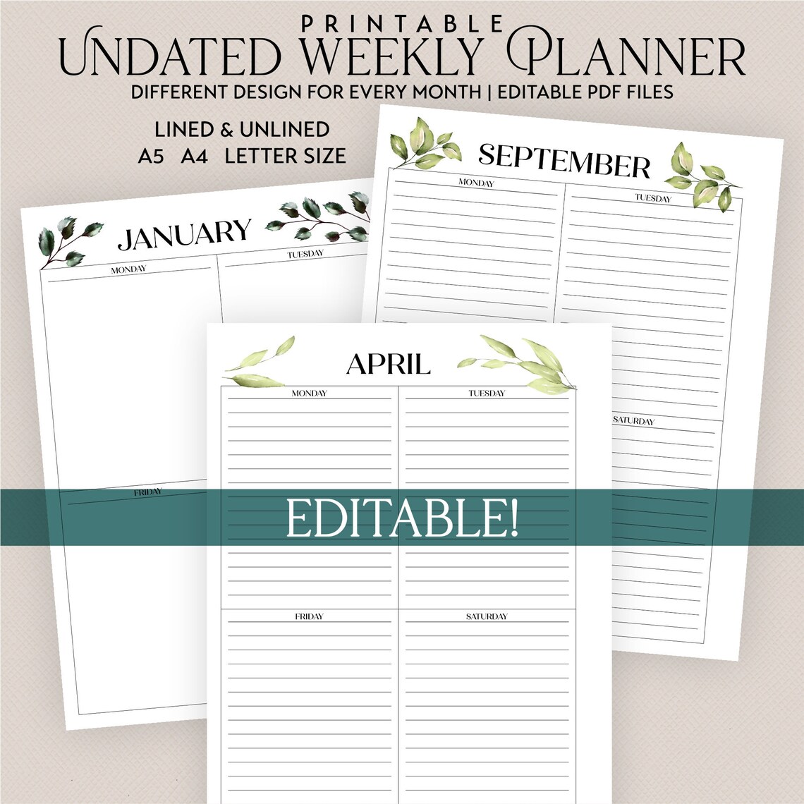 Botanical Weekly Planner Printable: Undated A5 A4 Letter (editable PDF ...