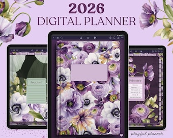 2026 Digital Planner Dated Hyperlinked PDF Daily, Weekly, Monthly Layout | Purple Floral