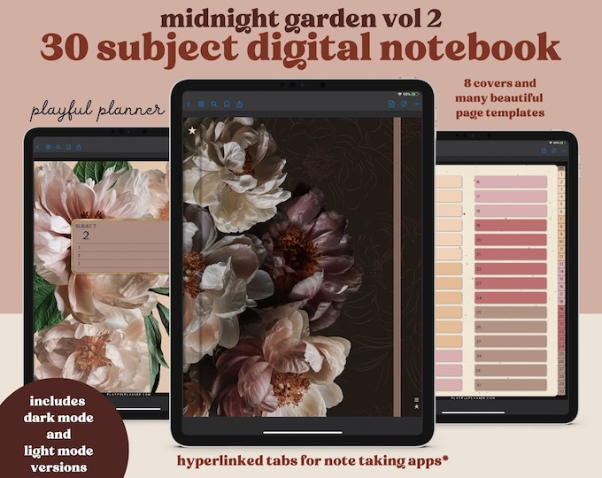 30 Subject Digital Notebook with Hyperlinked Tabs, 14 Note Page Designs, 8 Autumn Floral Covers, Dark Mode & White pages