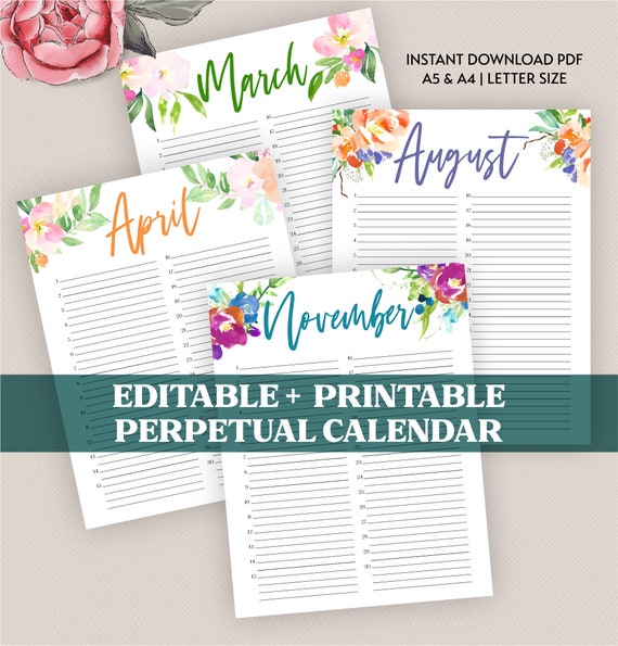 Printable Floral Perpetual Calendar Editable Birthday Etsy
