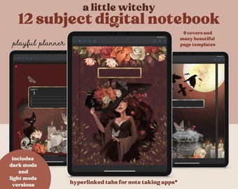 12 Subject Witchy Digital Notebook with Hyperlinked Tabs, 14 Note Page Designs, Dark Mode, Designed with black cats, cauldrons, and candles
