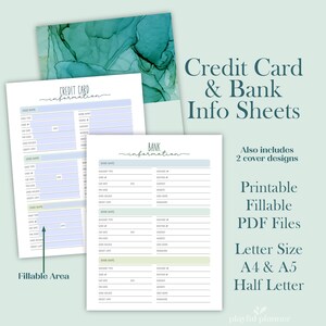 Registro de cuenta bancaria e información de tarjeta de crédito imprimible en formato PDF rellenable, registro de tarjeta de crédito, tamaño carta A4 A5, descarga instantánea en formato PDF