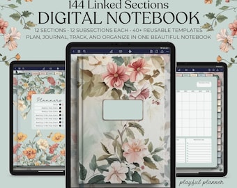 Digital Notebook | 144 Sections | 40+ Templates, Trackers, and Checklists | iPad Journal | Hyperlinked PDF