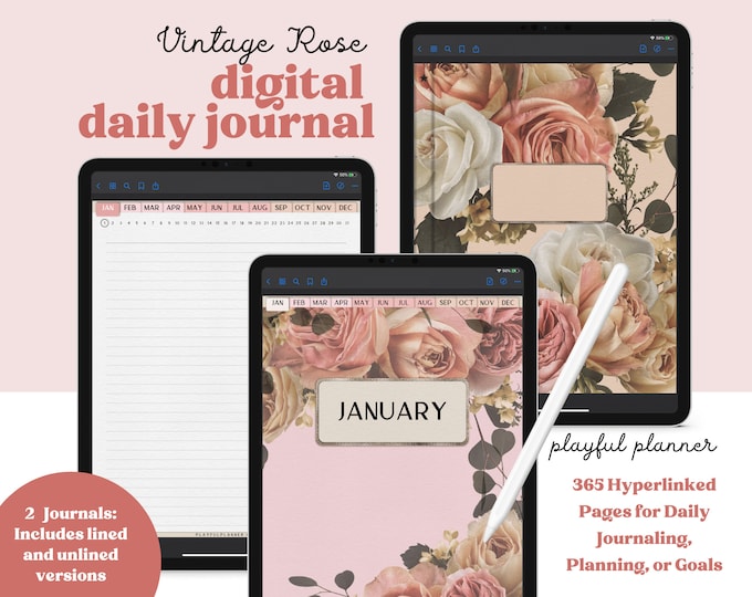 Digital Daily Journal 365 Hyperlinked Lined & Unlined Pages includes a Notebook with 12 Sections, 8 Covers, and 13 PNG Template Stickers