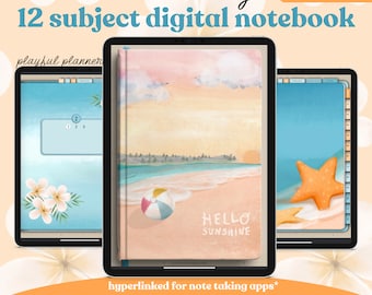 12 Subject Digital Notebook with Hyperlinked Tabs, 14 Note Page Templates, Sunny Summer Beach Day Themed Covers and Dividers