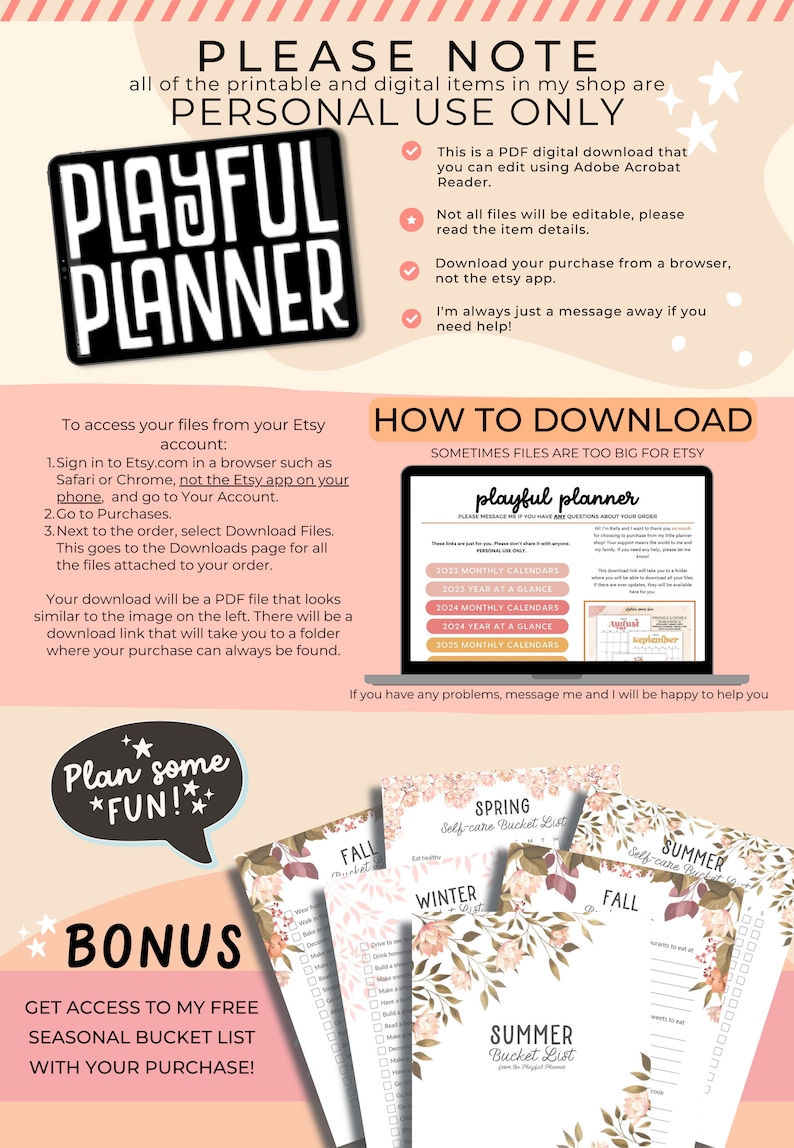 K&ouml;nnte beinhalten: Ein digitaler Download f&uuml;r einen druckbaren Planer mit einem verspielten Design. Der Planer enth&auml;lt Monatskalender, Jahreskalender und saisonale Bucket-Listen. Der Text "Playful Planner" ist auf dem Cover des Planers abgebildet.