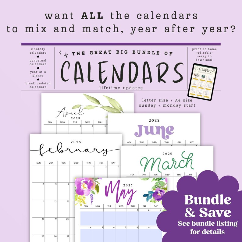 K&ouml;nnte beinhalten: Ein digitaler Download von druckbaren Kalendern f&uuml;r das Jahr 2025. Die Kalender umfassen monatliche, dauerhafte und Jahreskalender. Der Text "THE GREAT BIG BUNDLE OF CALENDARS" wird in gro&szlig;en, fetten Buchstaben angezeigt. Die Kalender sind in den Formaten Letter und A4 erh&auml;ltlich und beginnen mit einem Sonntag.