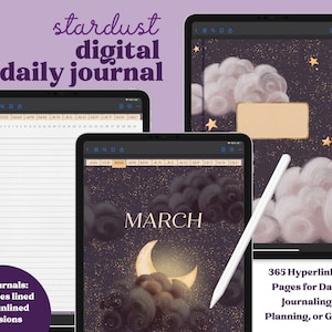 Pode incluir: Um diário digital diário com um tema de poeira de estrelas. A capa apresenta uma lua crescente, nuvens e estrelas sobre um fundo roxo escuro. O diário inclui 365 páginas hiperligadas para o diário diário, planejamento ou estabelecimento de objetivos. Ele vem em duas versões: com linhas e sem linhas.