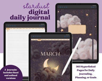365 Daily Digital Journal with Hyperlinked Pages including a Notebook with 12 Sections, 8 Covers, and 13 PNG Template Stickers
