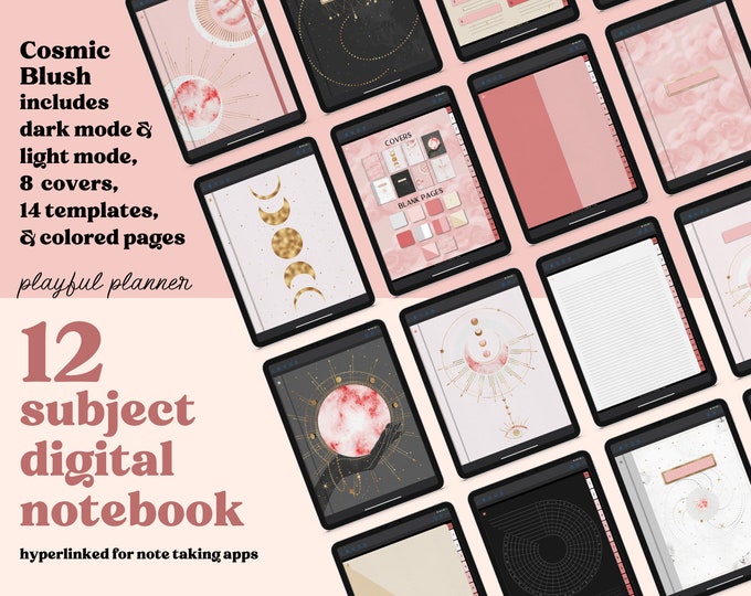 12 Subject Digital Notebook with Hyperlinked Tabs, 14 Page Templates, Dark Mode and Light Mode, 8 Covers with Celestial Planets and Stars