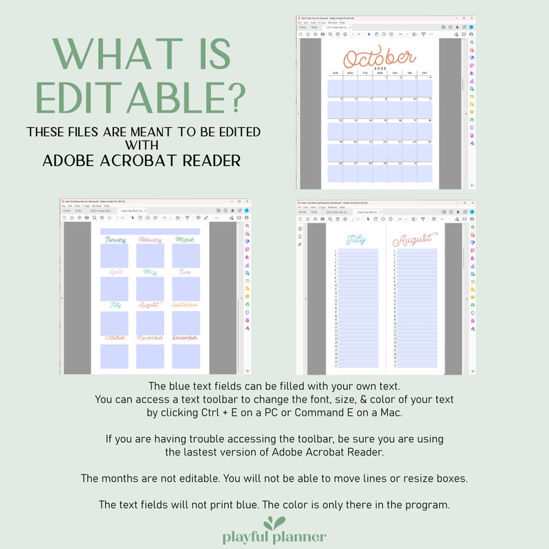 K&ouml;nnte beinhalten: Ein Screenshot eines Computerbildschirms, der eine Kalendervorlage f&uuml;r ein Jahr zeigt. Der Kalender ist mit Adobe Acrobat Reader bearbeitbar. Die Monate sind in einer bunten Schriftart beschriftet. Der Text "WHAT IS EDITABLE?" wird oben auf dem Bildschirm angezeigt.